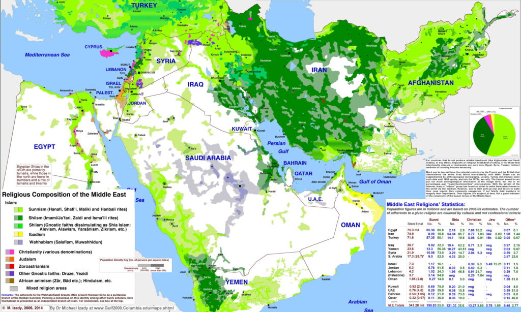map of religions in the middle east - detailed