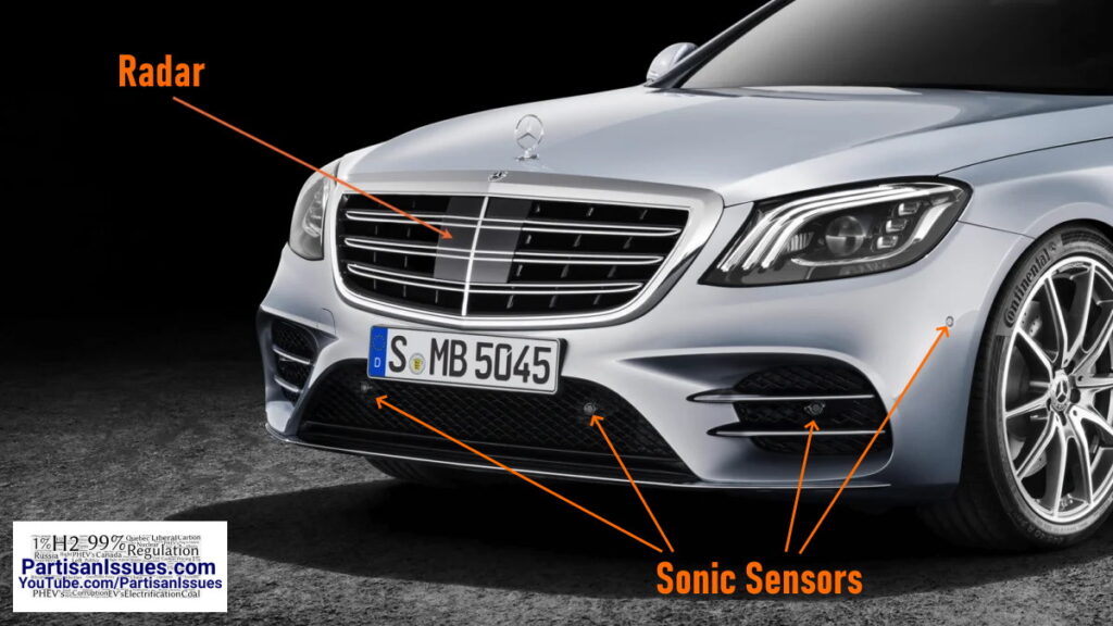 sonic sensors and radar on bumper and grill of mercedes