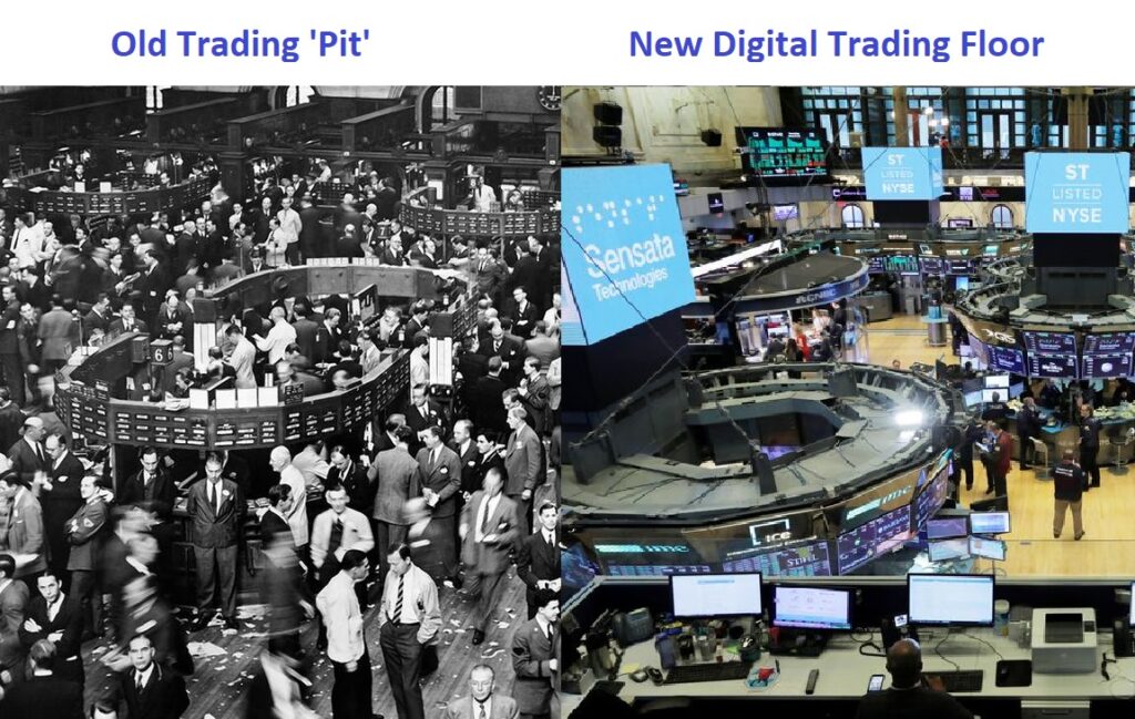 stock exchange old trading pit vs new digital trading floor